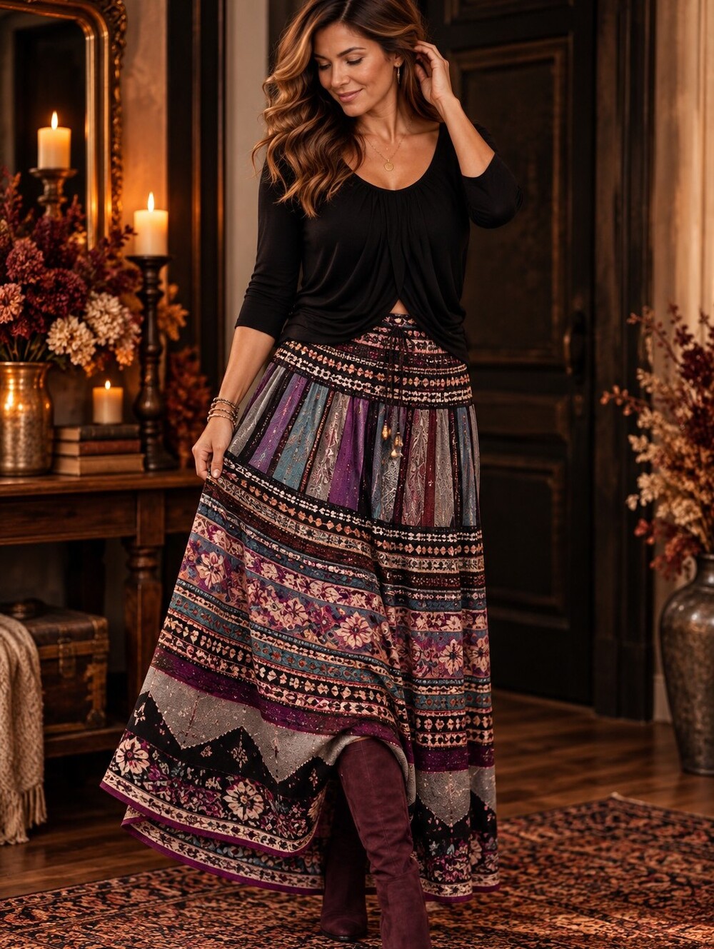 Boho Paisley Maxi Skirt Tiered Gypsy Cottagecore Fall